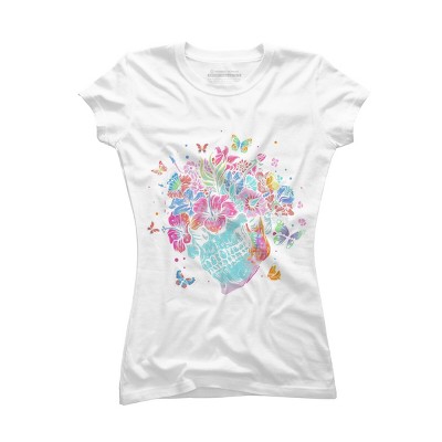 Junior's Design By Humans Floral Butterfly Skull Funny Halloween Costume Hippie Flower By JeilJersey T-Shirt