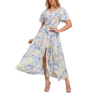 Women's V-neck Ruffle Shortsleeve Waist Tie Floral Print Dress Maxi Dress - 1 of 4
