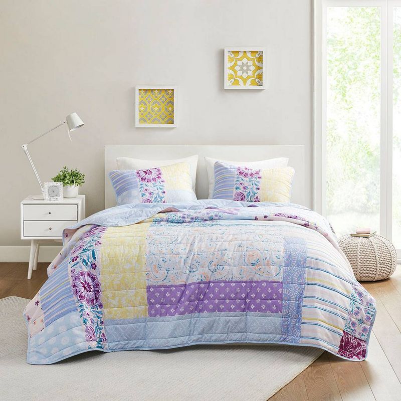 Helena Printed Cotton Coverlet Set Blue/Purple/Yellow, 5 of 10