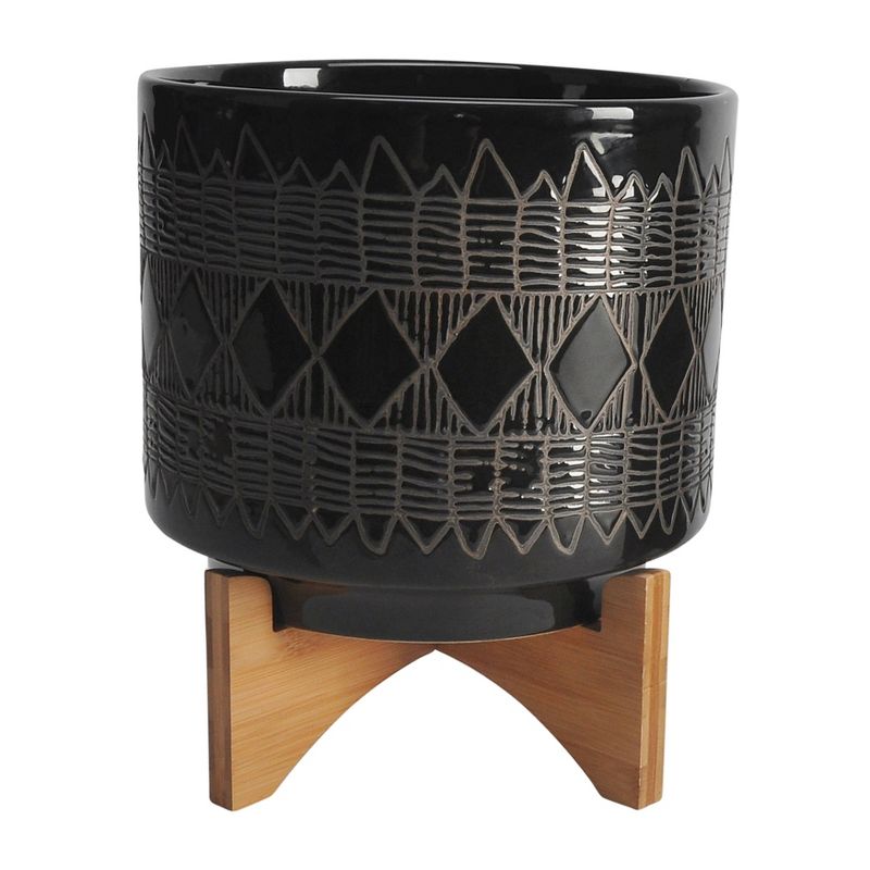 Sagebrook Home 15&#34; Wide 2pc Aztec Ceramic Planter Pot On Wooden Stand Black, 3 of 12
