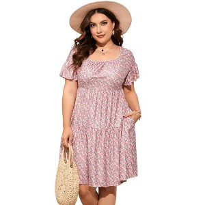 Womens Plus Size Dress Ruffle Sleeve Flowy Dress with Pockets - 1 of 1