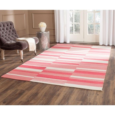 Pink and Ivory Handwoven Wool Kilim 4' x 6' Area Rug