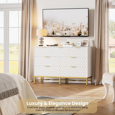 White 7-Drawer Dresser with Honeycomb Panels and Gold Metal Frame