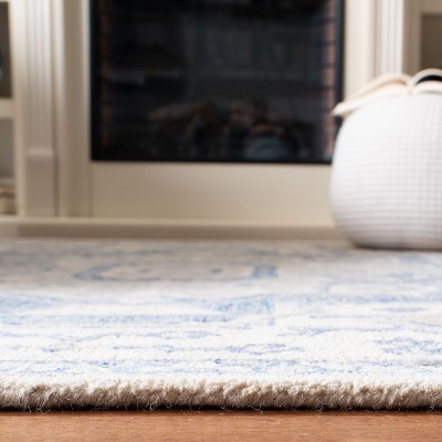 Ivory and Blue Handmade Wool Runner Rug