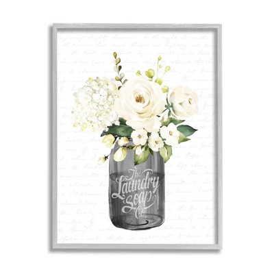 Stupell Industries White Flower Blossoms Laundry Jar Fancy Script Black Framed Giclee Art
