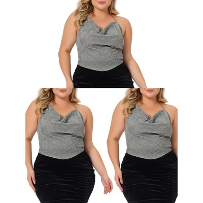 Agnes Orinda Women's Plus Size Backless Halter Sleeveless Glitter Metallic Sequin Party Criss Cross Packs Camisoles