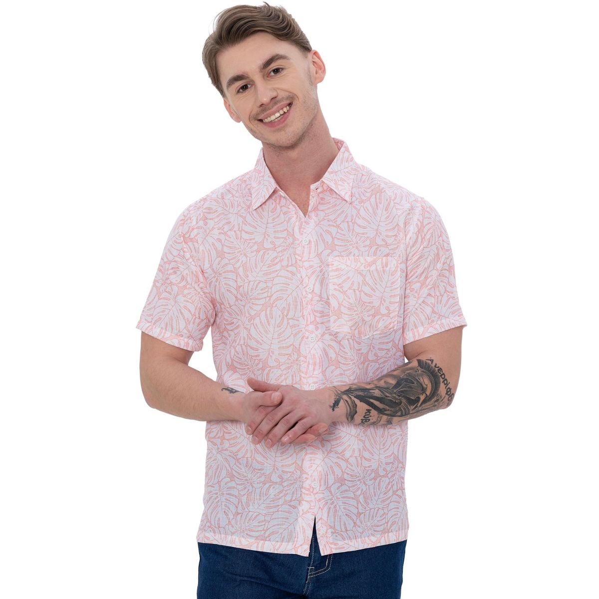 HAPPY BAY Men's Hawaiian Shirt Fashion Button Down Short Sleeves Holidays Aloha Party Casual Tops Summer Beaches Shirts for Men XXL Coral Leaves