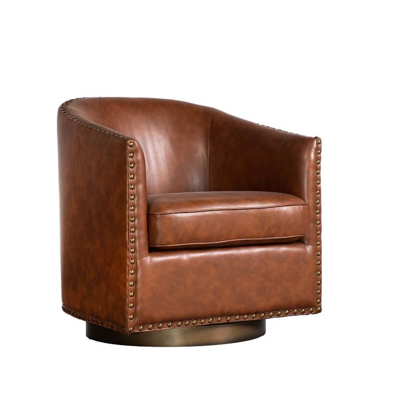Emma and Oliver Cole Upholstered Club Style Barrel Accent Chair with 360° Swivel Vinyl Wrapped Base and Decorative Nail Head Trim, 1 of 14
