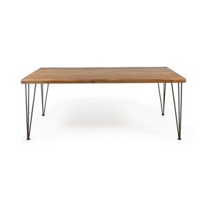Gulches 72" Industrial Rectangular Dining Table - Teak-Finished Acacia Wood & Metal Hairpin Legs, Indoor/Outdoor Use - 1 of 4