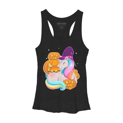 Women's Design By Humans Cute Unicorn With Jack O Lantern Halloween T Shirt By thebeardstudio Racerback Tank Top