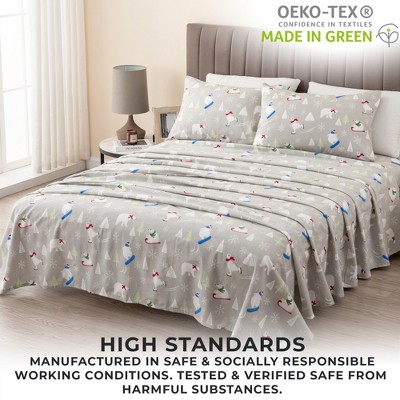 Twin Gray Cotton Flannel Sheet Set with Polar Bear Print