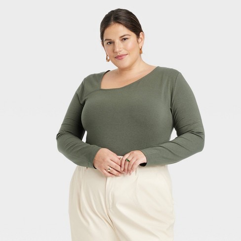 Women's Size Long Sleeve Asymmetrical Top - A New Olive 4x : Target