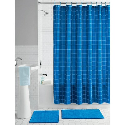 LunaLulinlk 15-Piece Blue Windowpane Polyester Shower Curtain