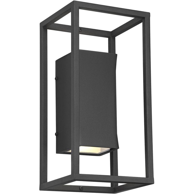 Possini Euro Design Modern Outdoor Wall Light Fixture Textured Black Dimmable LED Up Down 14" Sanded Glass Diffuser Up Down for Exterior Barn Deck, 1 of 8