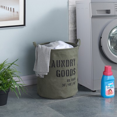 Olive Green Canvas Collapsible Laundry Hamper with Handles