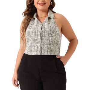 Agnes Orinda Women's Plus Size Tweed Halter Neck Sleeveless Single Breasted Retro Suit Vests - 1 of 4