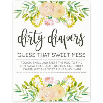 Sparkle and Bash Guess That Sweet Mess, Dirty Diapers Baby Shower Game and Activity, Includes 1 Floral Sign and 60 Guessing Cards