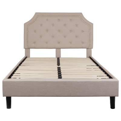 Transitional Beige Full Platform Bed with Tufted Nailhead Trim Headboard