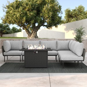 LayinSun 7 Pieces Rope Woven Patio Furniture Set, Modern Modular Sectional Sofa with Fire Pit Table and Upgrade Thickness Cushion - 1 of 4