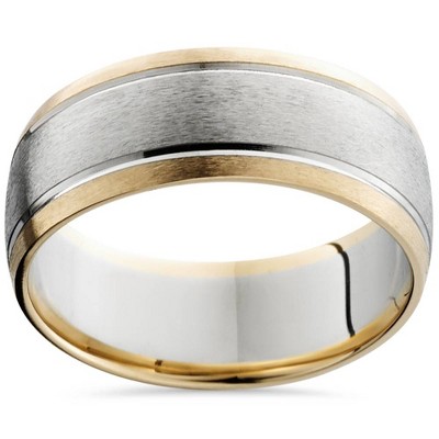 Pompeii3 8mm Mens 14K White & Yellow Gold Sandblast Double Inlay Wedding Band