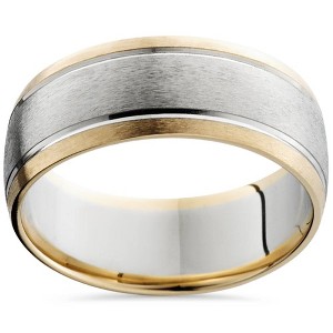Pompeii3 8mm Mens 14K White & Yellow Gold Sandblast Double Inlay Wedding Band - 1 of 2