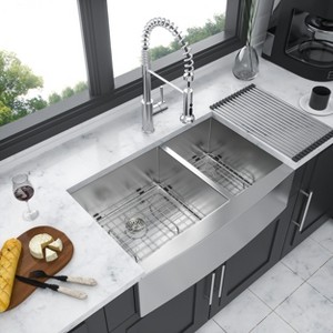 Double Bowl Farmhouse Sink- 33inx20in Stainless Steel Farm Sink Undermount Apron Front Double Bowl Kitchen Sink 16 Gauge with Two 9in Deep Basin - 1 of 1
