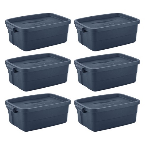 Rubbermaid Roughneck 10 Gallon Rugged Storage Tote In Dark Indigo Metallic  With Lid And Handles For Home, Basement, Garage, (6 Pack) : Target