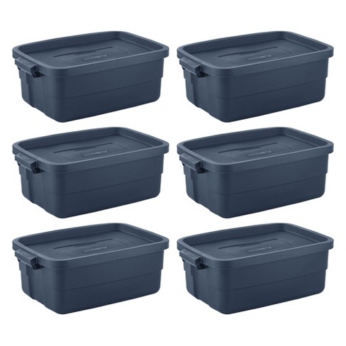 Rubbermaid Roughneck 10 Gallon Rugged Storage Tote in Dark Indigo Metallic  with Lid and Handles for Home, Basement, Garage, (6 Pack)