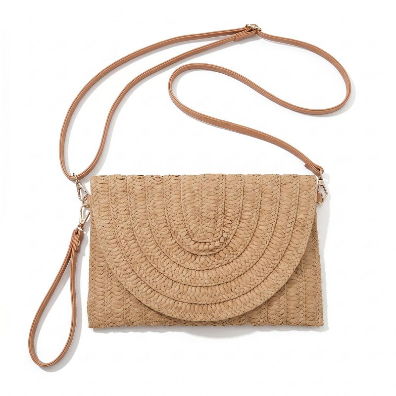 Alilang Woven Straw Crossbody Clutch Bag with Flap Closure Adjustable Strap Lightweight Shoulder Handbag - Khaki
