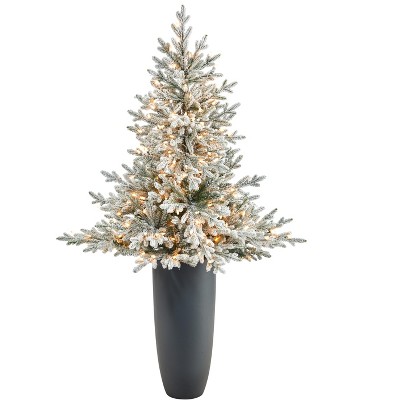 Nearly Natural 5-ft Flocked Fraser Fir Artificial Christmas Tree with 300 Warm White Lights and 967 Bendable Branches in Gray Planter