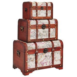 Juvale Set of 3 Small Wooden Storage Trunks and Chests, Living Room Décor Suitcases with Antique Map Print for Jewelry, 3 Sizes - 1 of 4