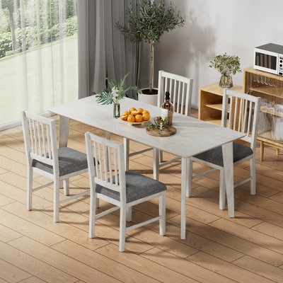 VECELO Farmhouse Style 5-Piece Dining Table Set for 4, Rubber Wood Table with 4 Upholstered Dining Chairs, Gray