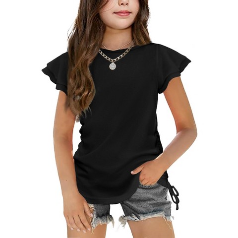 Детские рубашки Arshiner Girls Camo Shirts Ruffle Short Sleeve Casual Clothes for Kids Ruched Knot Side Tunics Shirts for Girls Camo-Leopard Print-12