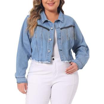 Agnes Orinda Women's Plus Size Frayed Hem Tassel Long Sleeve Button Up Casual Crop Jean Jackets