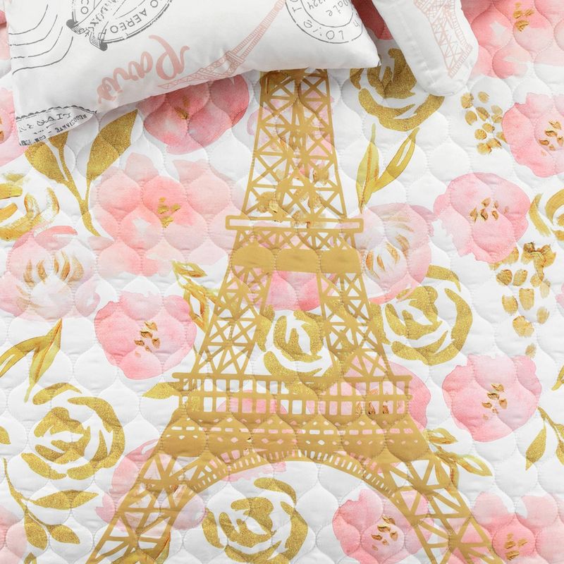 4pc Twin Kids&#39; XL Watercolor Rose Paris Glitter Reversible Quilt Set Blush/Yellow - Lush D&#233;cor, 4 of 13