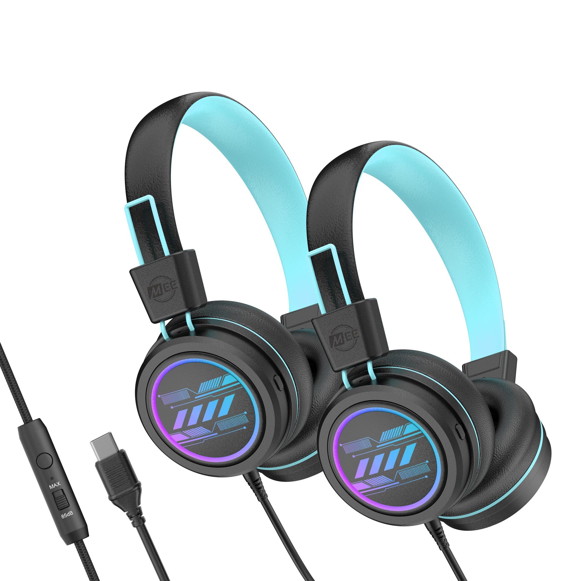 MEE audio KidJamz KJ55U (2 Pack) Safe Listening USB-C Kid's Headphones with LED Lights