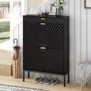 Brafabhome Freestanding Nature Shoe Storage Cabinets with Drawer, Slim Entryway Shoe Organizer with 2 Flip Sun Pattern Doors for Slippers | 12 Pairs - 1 of 4
