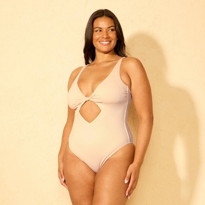 Shade & Shore Women's Pique Twist-Front Cut Out Plunge Cheeky Coverage One Piece Swimsuit - Shade & Shore™ Cream L — фото 4