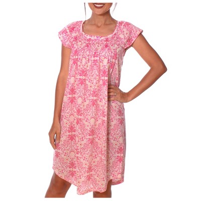 YafeMarte Women’s Cap Sleeve Cotton Blend Nightgown with Smocked Yoke and Floral Design