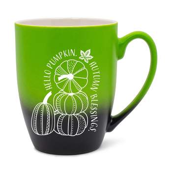 Elanze Designs Hello Pumpkin Autumn Blessings Two Toned Ombre Matte Green and Black 12 ounce Ceramic Stoneware Coffee Cup Mug