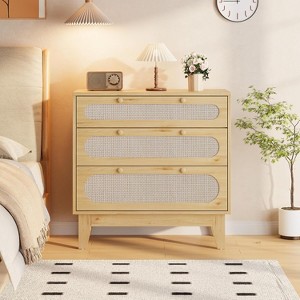 Rattan 3 Different Drawer Dresser for Bedroom, Handles and Wooden Legs, Compact Storage Chest, Modern Small Dresser, for Bedroom, Living Room - 1 of 4