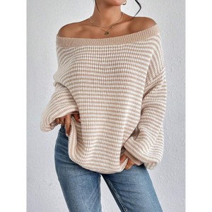 Women's Striped Off Shoulder Sweater Casual Knit Loose Fit Long Sleeve Pullover Top - 1 of 4