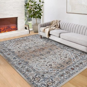 Floral Area Rug, Oriental Area Rug - Vintage Washable Non-Slip Low Pile Carpet for Living Room, Bedroom & Office (Light Brown) - 1 of 4