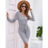 Women's 2025 Sweater Dress V Neck Long Sleeve Ribbed Knit Tie Waist Bodycon Slim Fit Mini Dresses - 2 of 4