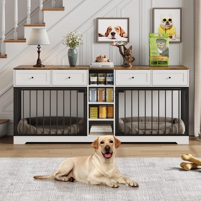 Whizmax 82” Large Dog Crate with 4 Drawers and Shelves, Double Dog Crate Furniture TV Stand, Wooden Heavy Duty Dog Crate for Medium Large Dogs