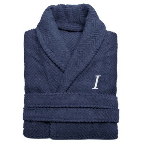 Linum Home Textiles 100% Turkish Cotton Unisex Personalized Herringbone Midnight Blue Bathrobe in White Chancery Font - 1 of 2