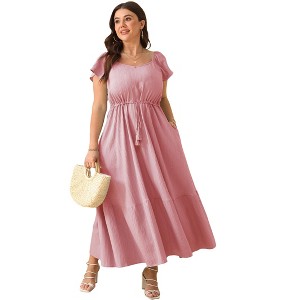 Whizmax Women Plus Size Boho Maxi Dress Short Sleeves High Waist Ruffle Casual Summer Dress with Pockets - 1 of 4