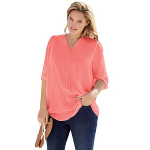 Woman Within Plus Size Rayon 7-Day Three-Quarter Sleeve Tab-Front Tunic - 1 of 4
