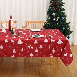 Christmas Tablecloth – Festive Deer, Pine Trees & Snowflakes Design, Waterproof Winter Holiday Dining Decor - 1 of 4