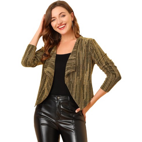 Allegra K Women s Sparkly Cropped Cardigan Long Sleeve Party Open Front Glitter Jacket Gold Small Target